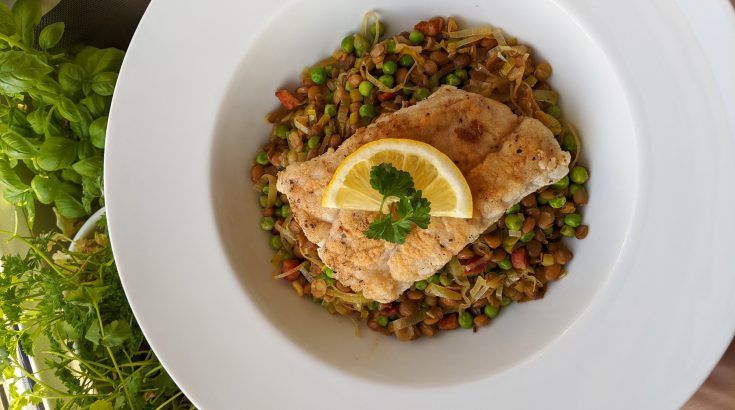 Cod with Braised Lentils, Peas and Pancetta