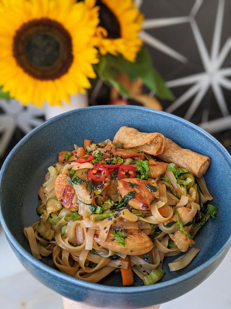 gluten and dairy free teriyaki chicken noodles with spring rolls