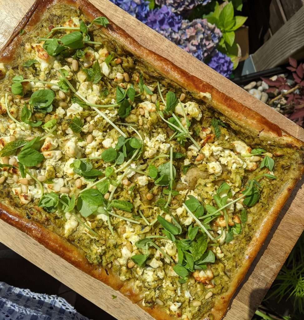 gluten free feat courgette and pesto puff pastry tart