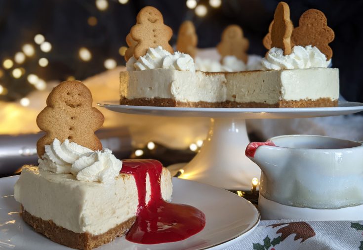 White Chocolate & Gingerbread Cheesecake with Raspberry Coulis (GF)